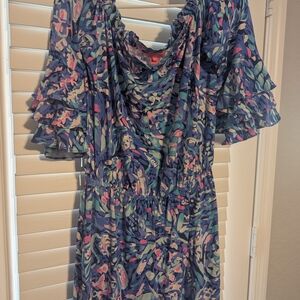 Navy Floral Ruffle Sleeve Midi Dress